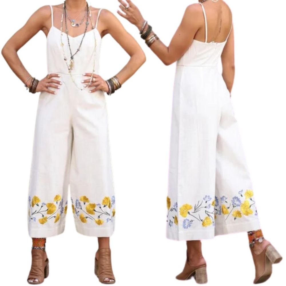 🌼 Club Monaco Embroidered Floral Cotton / Straw Embellished Jumpsuit - Size 2